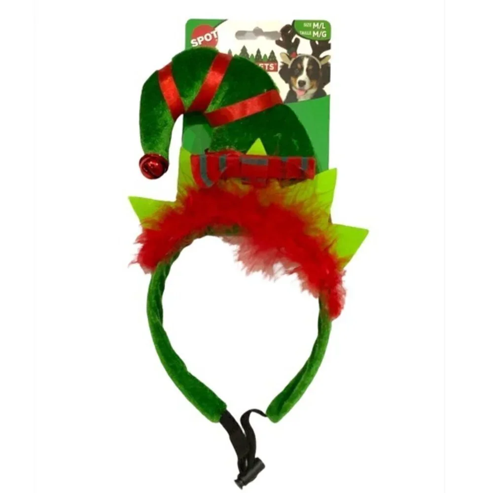 SPOT Dog Christmas Elf Headband Holiday Hat Adjustable Medium / Large